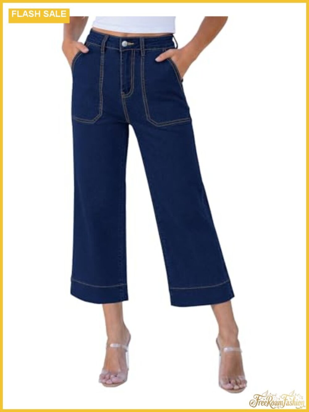 Wide Leg High Waist Cropped Capri Jeans Women 24" Inseam Stretch Denim Patch